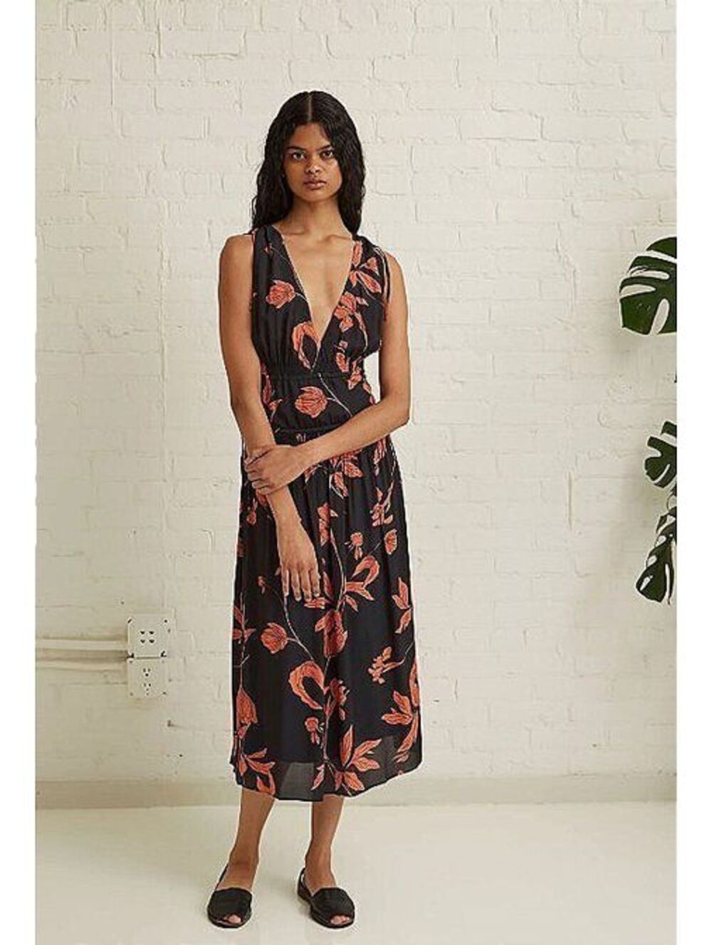 NWT Thakoon Retro Chic Maxi Dress Sz 4 Black Orange Floral Deep V Neck Cottage
